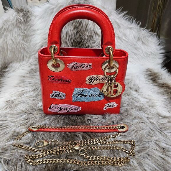 $6000 Christian Dior Lady Dior Mini Red Sequin Embellished Calfskin Leather Bag